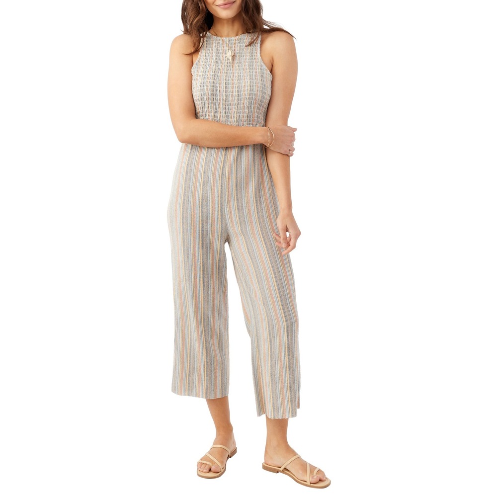 O'Neill Womens Dellora Stripe Smocked Wide Leg Jumpsuit Multi Color Large 10-12